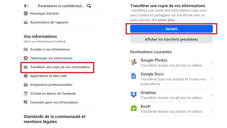 Voici o&ugrave; se trouve la fonction de transfert de photos et vid&eacute;os vers Google Photos sur appareil mobile.
