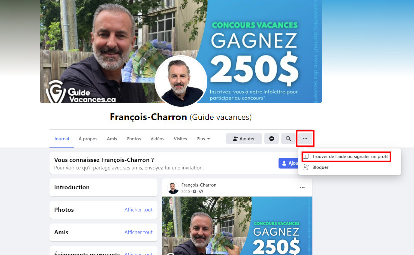 Voici un exemple de faux comptes Facebook qui a tenté d’utiliser mon image. Faux compte Facebook François Charron