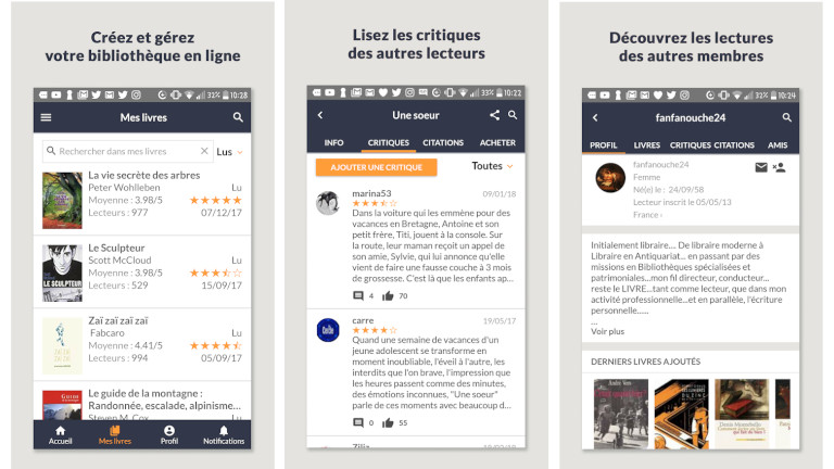 Babelio est une bibliothèque où il est possible d’interagir avec les autres utilisateurs sur nos coups de cœur littéraires. bibliothèque livres en ligne critiques