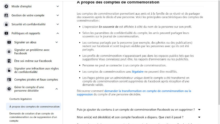 On peut choisir de transformer le compte Facebook d'une personne décédée en compte commémoratif. transformer compte facebook commémoratif commémoration hommage proches décès