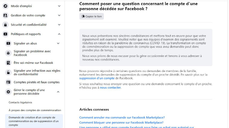 Si on ne veut pas d'un compte commémoratif, il est possible de supprimer définitivement le compte. questions demande informations fermeture compte Facebook fermer supprimer