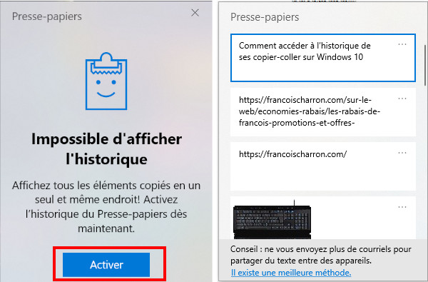 Voici à quoi ressemble l'historique du presse-papier sur Windows 10. activer historique presse-papier