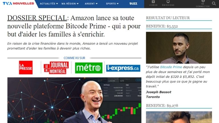 Une publication à l’image de TVA Nouvelles circule sur Facebook et annonce la plateforme Bitcoin Prime. aperçu faux article TVA arnaque crypto Amazon
