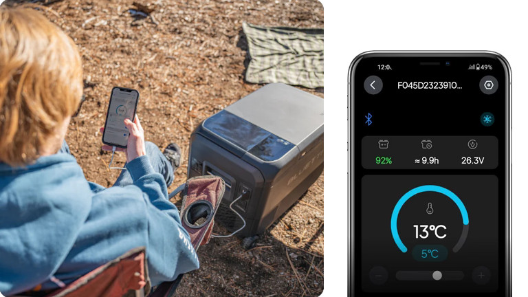 On peut suivre la température et le niveau de batterie du MultiCooler via l'app de Bluetti. Crédit: Bluetti Bluetti réfrigérateur MultiCooler application mobile