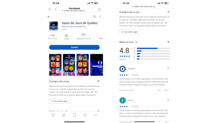 On tombe sur une page qui ressemble exactement à celle d'une application sur le Play Store - Crédit image: francoischarron.com Fausse application Salon de Jeux Loto-Québec