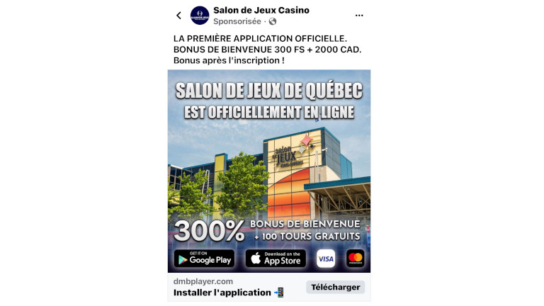 Voici un exemple de fausse publicité que l'on voit sur les réseaux sociaux - Crédit image: francoischarron.com Fausse publication salon de jeux Loto-Québec