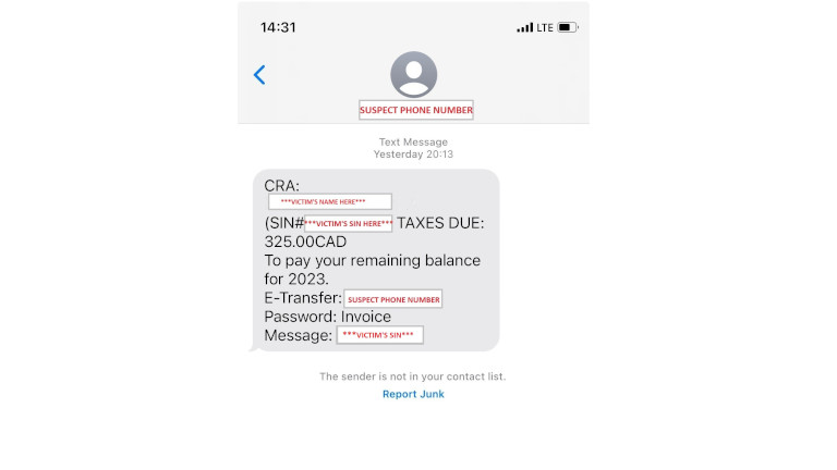 faux texto hameçonnage utilisant l'ARC