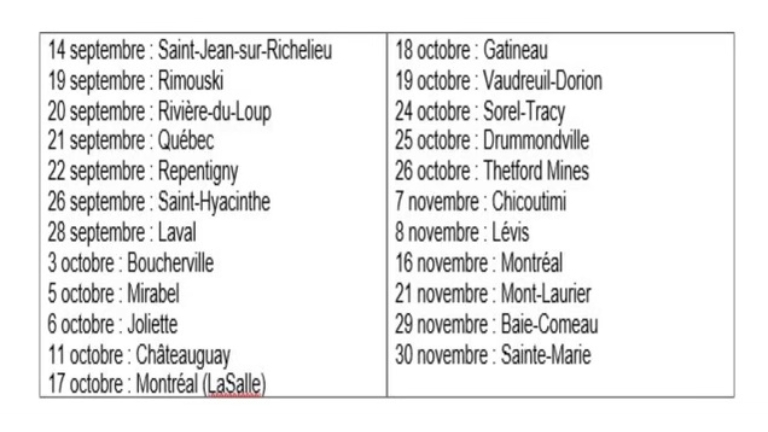 Calendrier des dates de tournée pour Shoooping.ca Calendrier des dates de tournée pour Shoooping.ca