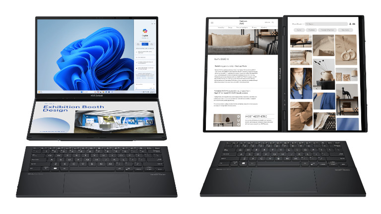 On peut autant utiliser les deux écrans du Zenbook Duo à l'horizontale qu'à la verticale. Image: ASUS. Ordinateur ZenBook Dup ASUS deux écrans