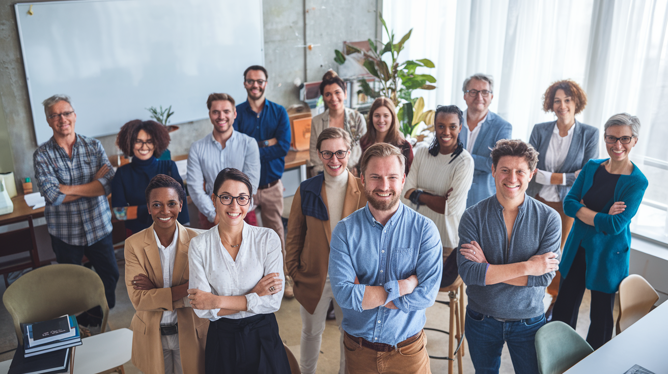 Un groupe de travailleurs souriants de diverses origines