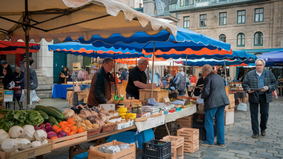 Image générée par l'intelligence artificielle montrant un marché public extérieur.