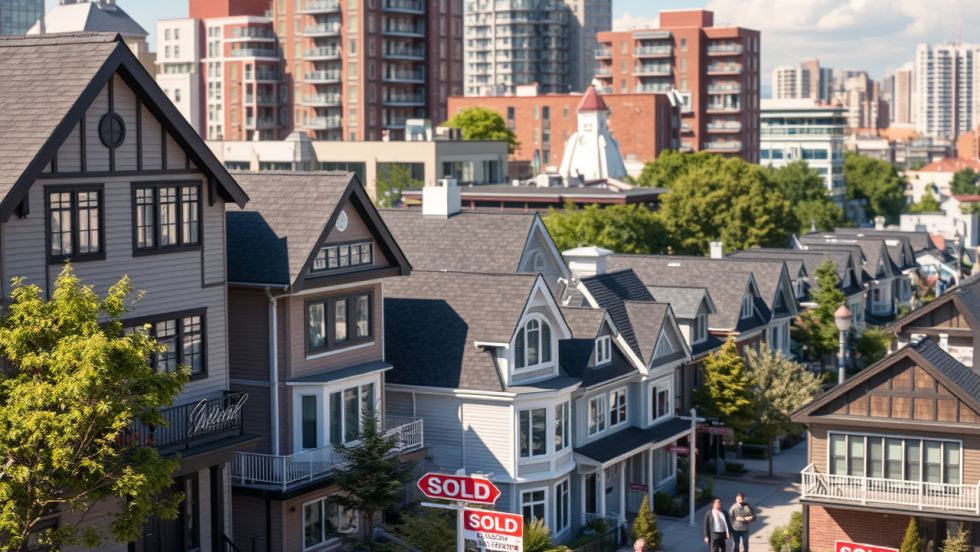 Des propriétés de divers types dans un milieu urbain, avec des affiches "vendu".