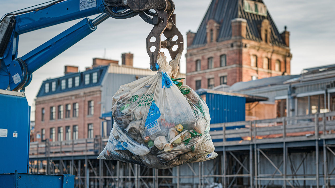 Image générée par l'intelligence artificielle représentant la gestion des déchets dans le vieux-québec. Un bras mécanique soulève un gros sac de déchets devant le Château Frontenac.