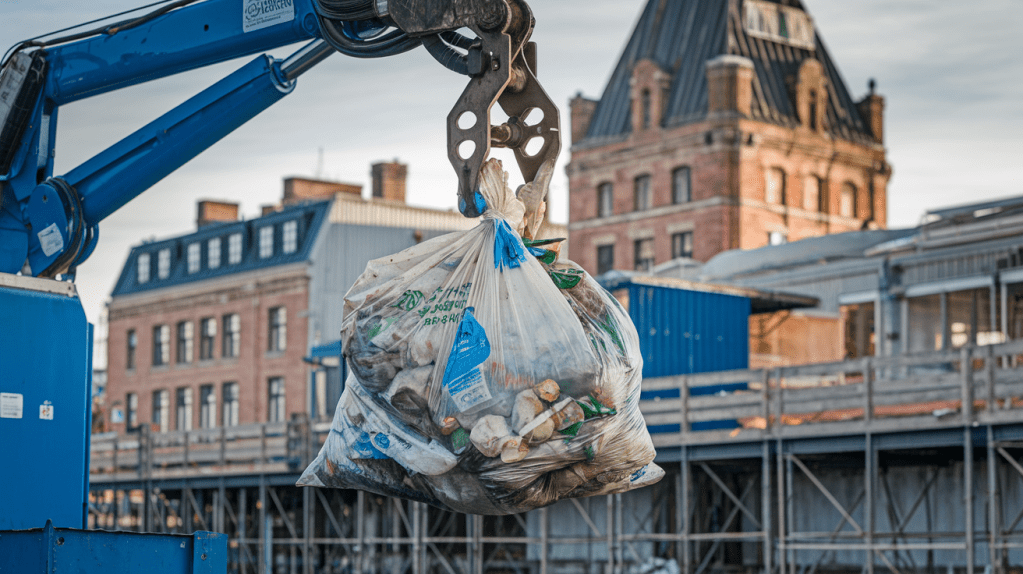 Image générée par l'intelligence artificielle représentant la gestion des déchets dans le vieux-québec. Un bras mécanique soulève un gros sac de déchets devant le Château Frontenac.