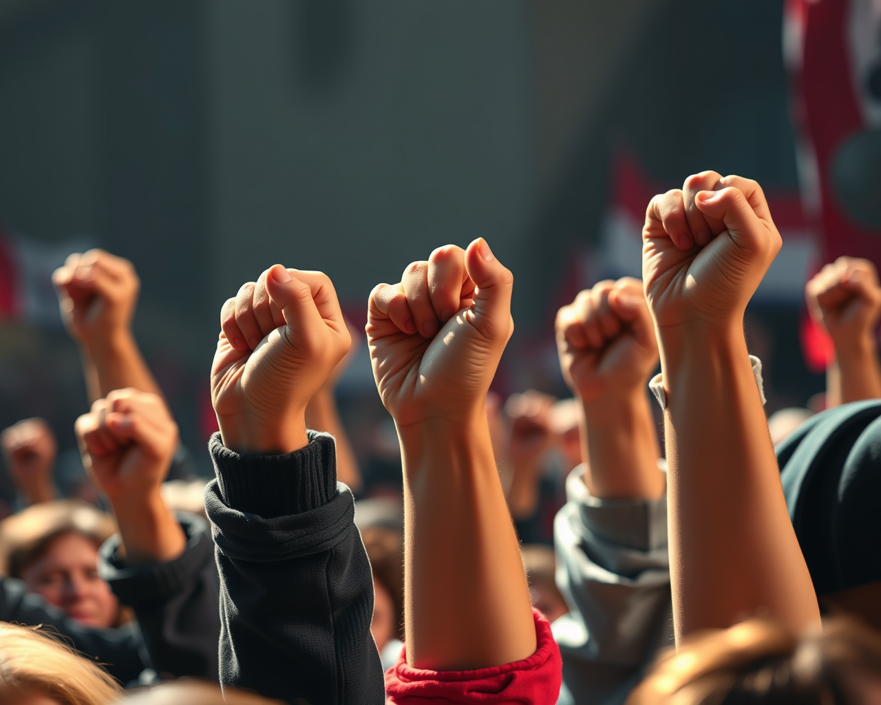 Des poings dans les airs pendant une manifestation du milieu communautaire.