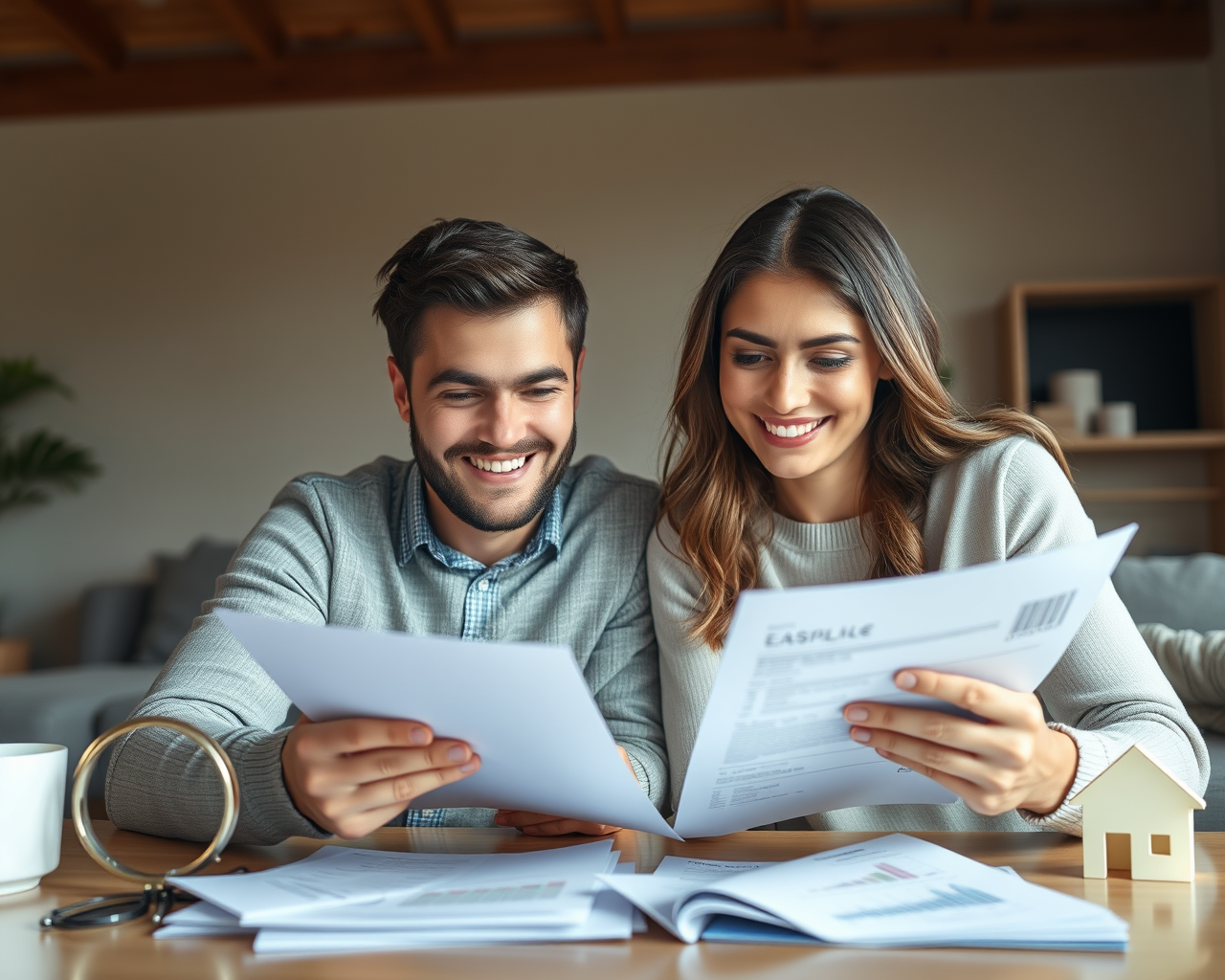 Un homme et une femme sourient en tenant les documents de leur remboursement d'impôt.
