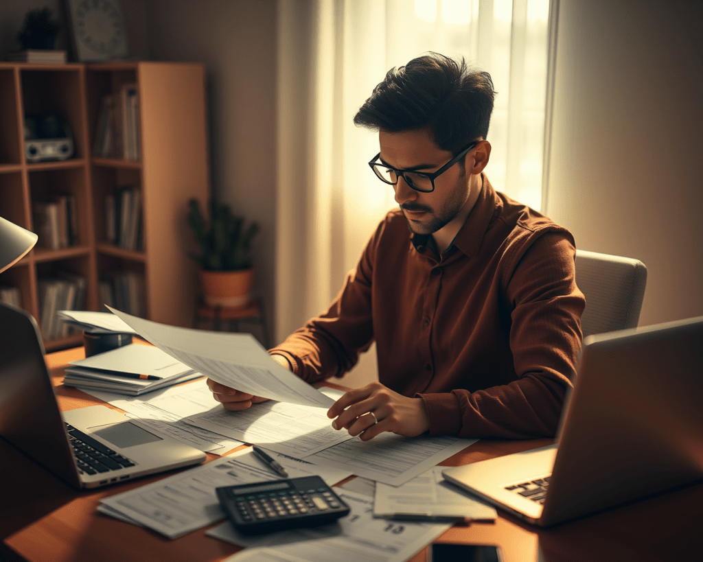 Image générée par l'intelligence artificielle montrant un homme assis à un bureau avec des documents autour de lui pour produire sa déclaration d'impôts.