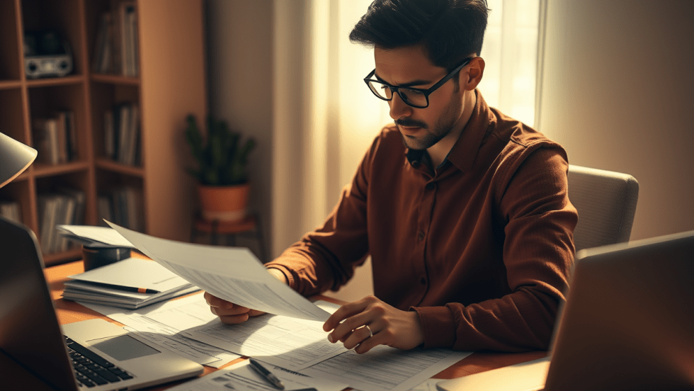 Image générée par l'intelligence artificielle montrant un homme assis à un bureau avec des documents autour de lui pour produire sa déclaration d'impôts.