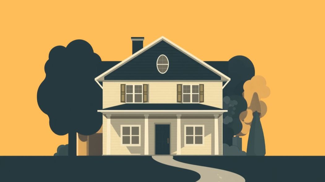 Dessin d'une maison sur fond beige.