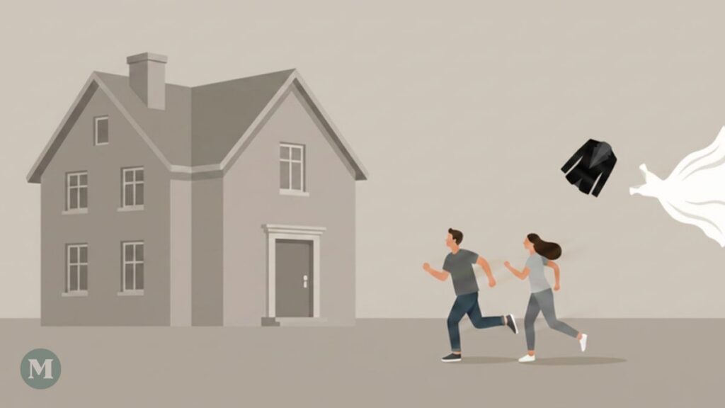 Image générée par l'intelligence artificielle dans le style de l'art minimaliste, montrant un couple lançant leurs vêtements de mariage et courir vers une maison.