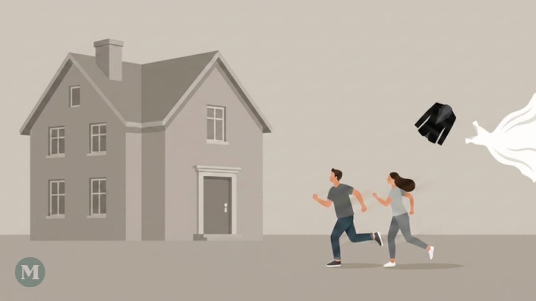 Image générée par l'intelligence artificielle dans le style de l'art minimaliste, montrant un couple lançant leurs vêtements de mariage et courir vers une maison.