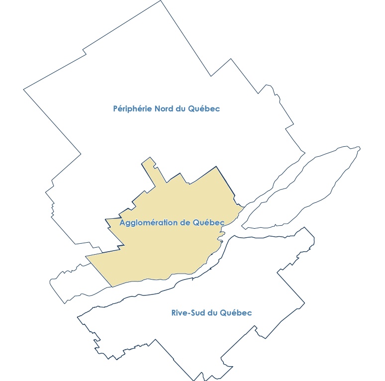 Carte de la région de Québec avec l'agglomération de Québec en surbrillance.