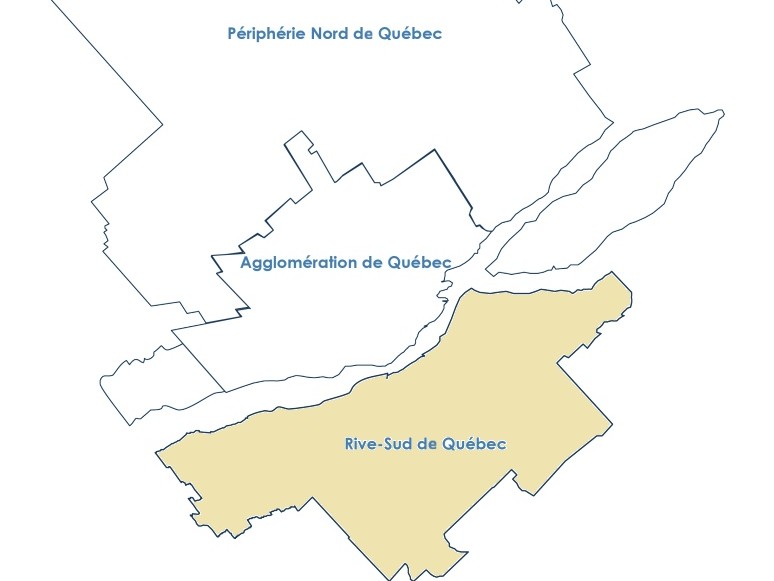 Carte de la région de Québec avec la Rive-Sud en surbrillance.