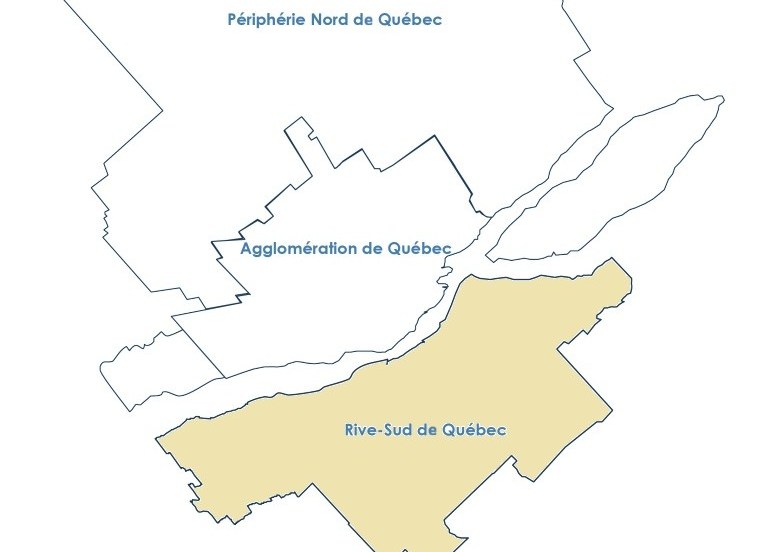 Carte de la région de Québec avec la Rive-Sud en surbrillance.
