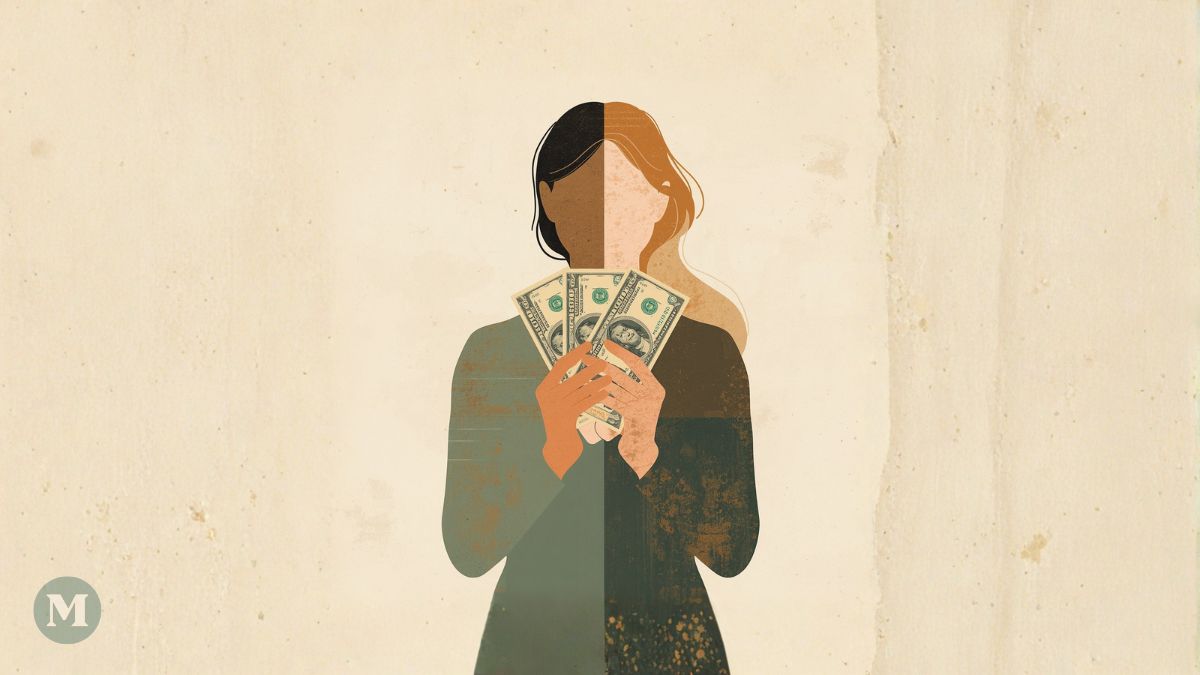 Image générée par l'intelligence artificielle dans le style de l'art minimaliste. L'image montre une femme tenant des billets d'argent.