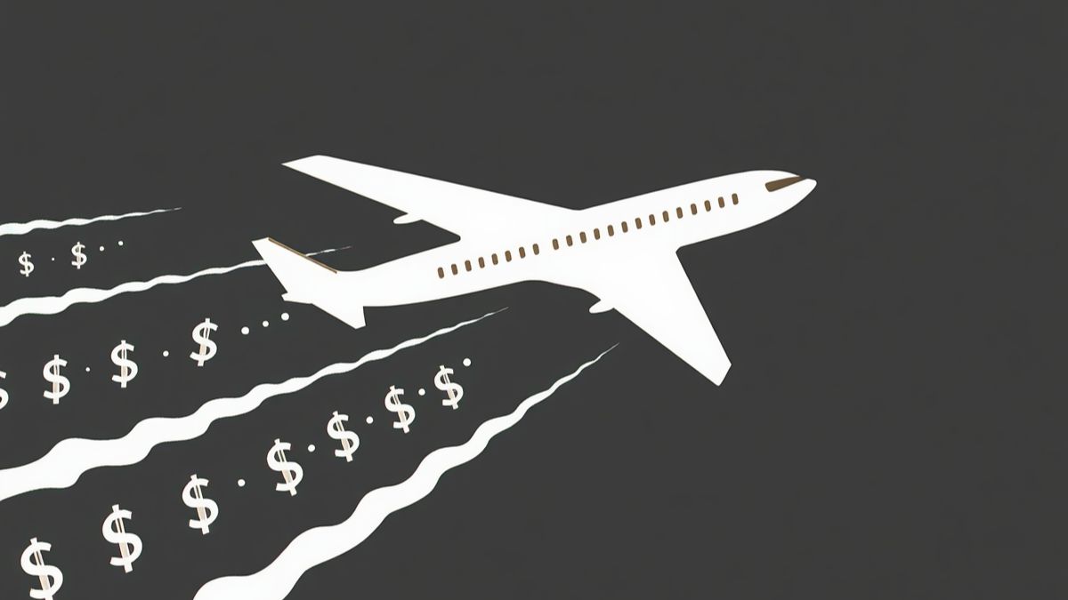 Un avion vole dans le ciel. Il est suivi de symboles du dollar.