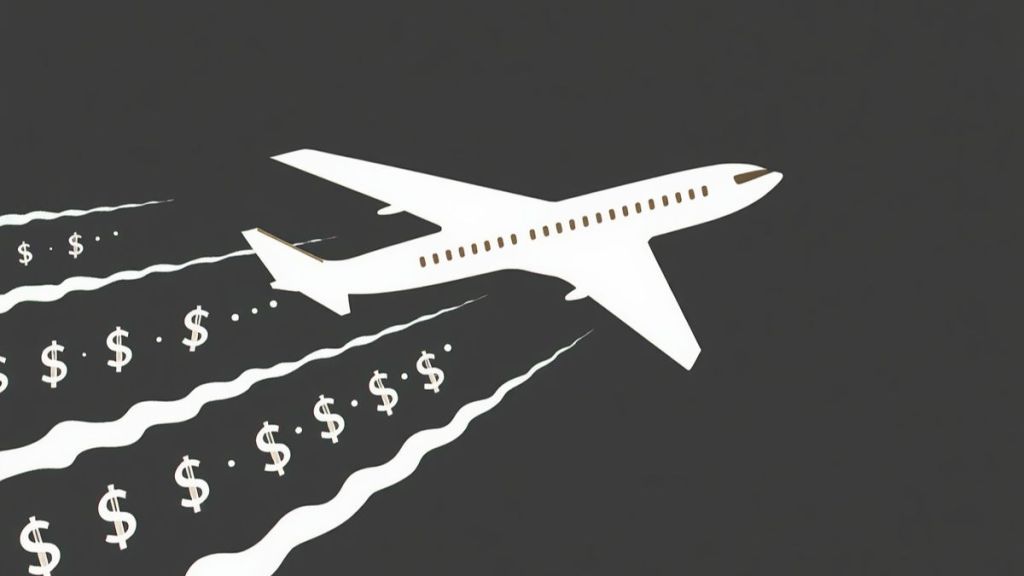 Un avion vole dans le ciel. Il est suivi de symboles du dollar.