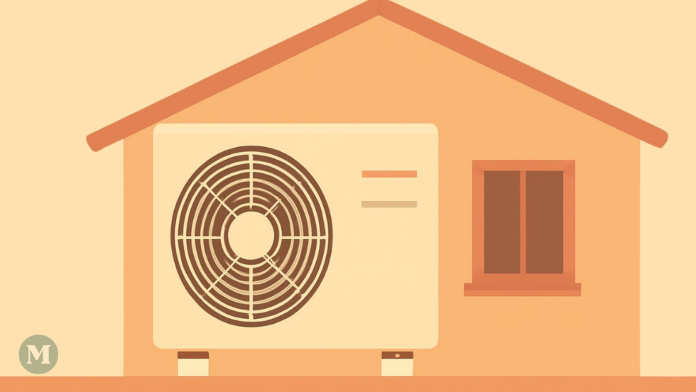 Dessin d’une maison avec thermopompe sur un fond beige.
