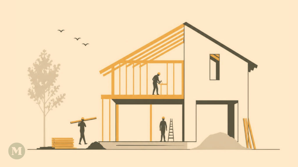 Dessin d’une maison en construction sur un fond beige.