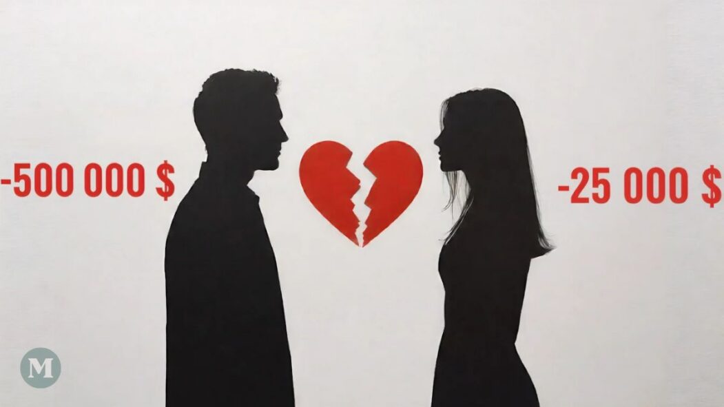 Silhouettes d'un homme et une femme avec un coeur brisé, symbolisant une rupture après une dette cachée.