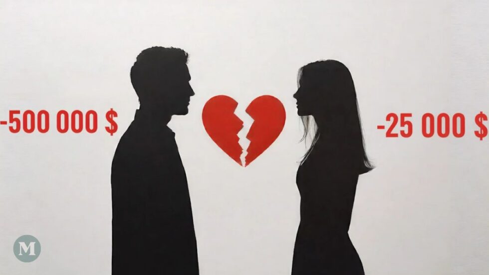 Silhouettes d'un homme et une femme avec un coeur brisé, symbolisant une rupture après une dette cachée.