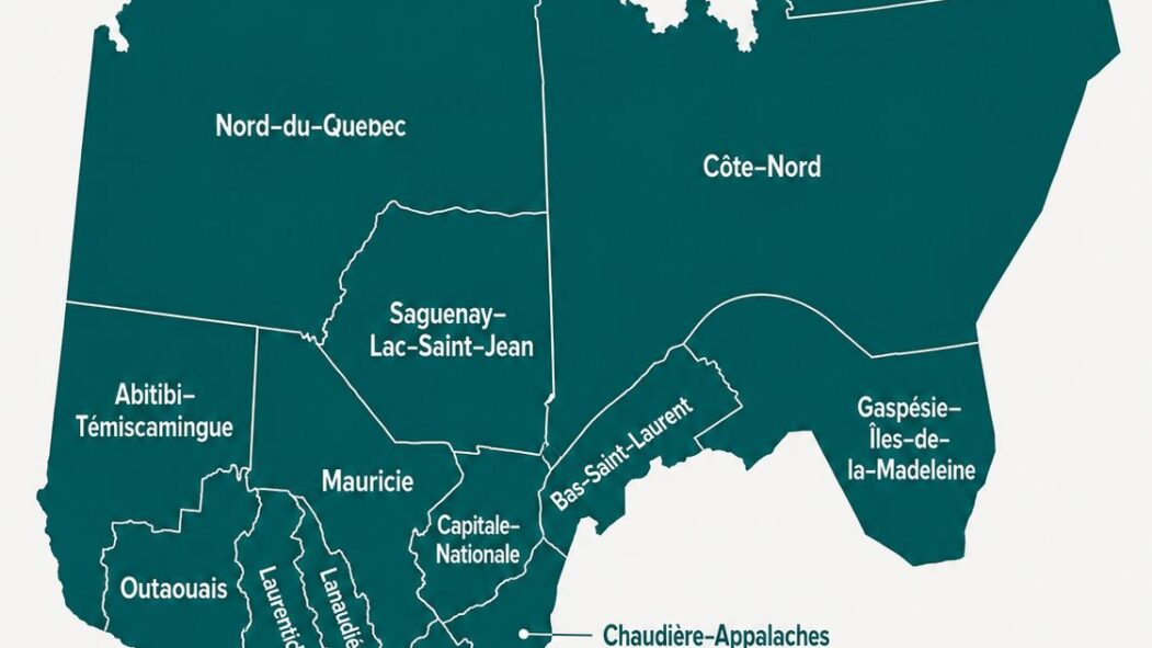 Carte des régions du Québec, divisées selon les subdivisions de l'APCIQ.