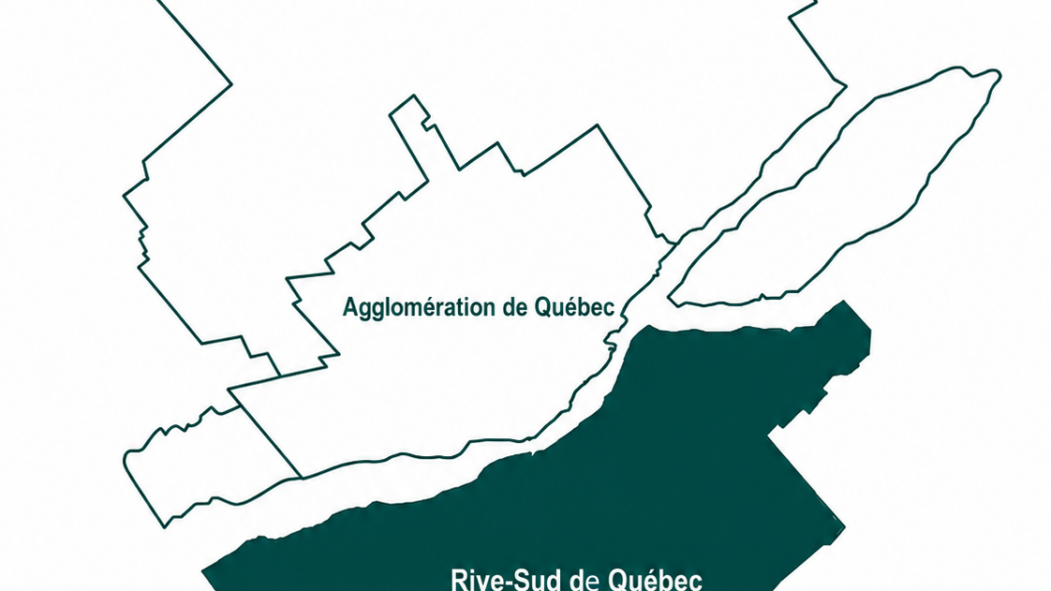 Carte de la région de Québec avec la Rive-Sud en surbrillance.